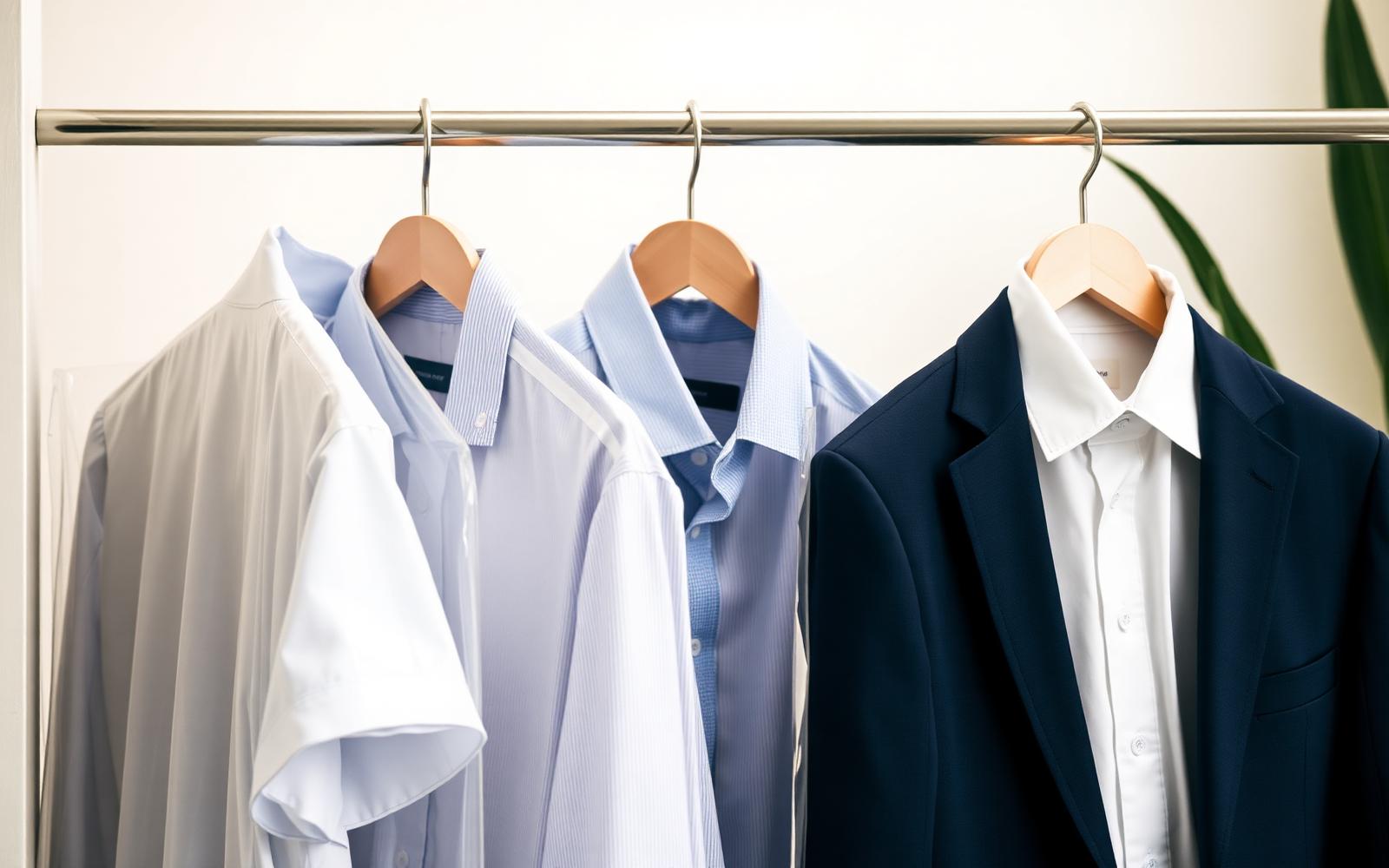 Freshly dry cleaned shirts and suits on a finishing rail in Hollywood, SC